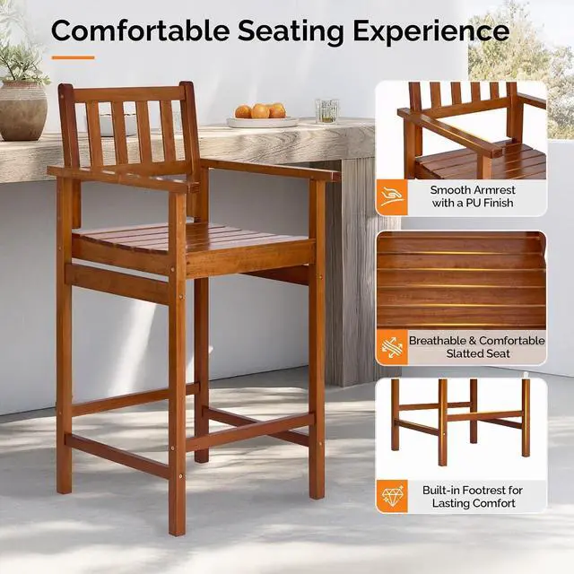 Alt view image 5 of 7 - VINGLI Outdoor Bar Stools, Solid Wood Bar Stools Set of 2 Counter Height Bar Chairs for Outdoor Patio Garden Lawn