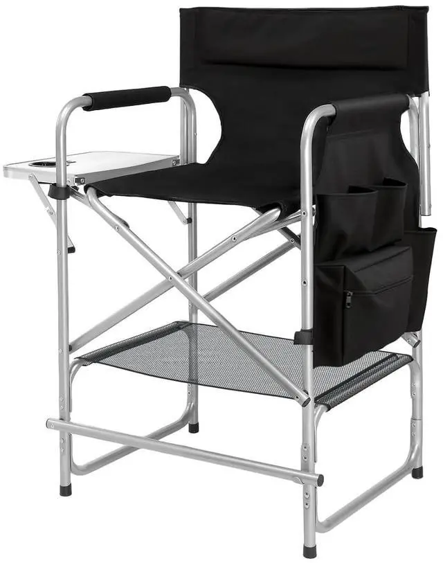 Main image of VINGLI 26" Director's Chair for Makeup Artist, Foldable Makeup Chair with Retractable Side Table & Footrest, Robust Iron Steel Frame, Supports 300 lbs, for Studio, Black