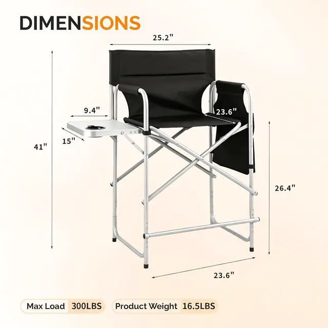 Alt view image 3 of 7 - VINGLI 26" Director's Chair for Makeup Artist, Foldable Makeup Chair with Retractable Side Table & Footrest, Robust Iron Steel Frame, Supports 300 lbs, for Studio, Black