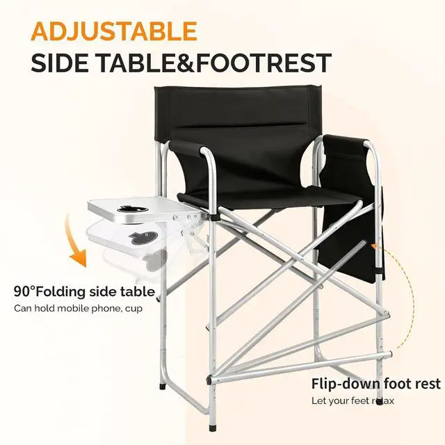 Alt view image 4 of 7 - VINGLI 26" Director's Chair for Makeup Artist, Foldable Makeup Chair with Retractable Side Table & Footrest, Robust Iron Steel Frame, Supports 300 lbs, for Studio, Black