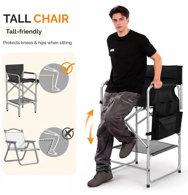 Alt view image 5 of 7 - VINGLI 26" Director's Chair for Makeup Artist, Foldable Makeup Chair with Retractable Side Table & Footrest, Robust Iron Steel Frame, Supports 300 lbs, for Studio, Black