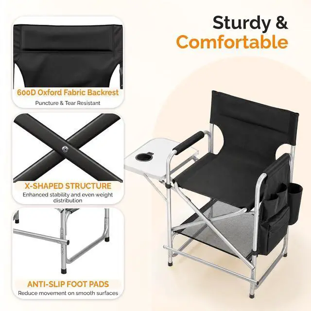 Alt view image 6 of 7 - VINGLI 26" Director's Chair for Makeup Artist, Foldable Makeup Chair with Retractable Side Table & Footrest, Robust Iron Steel Frame, Supports 300 lbs, for Studio, Black