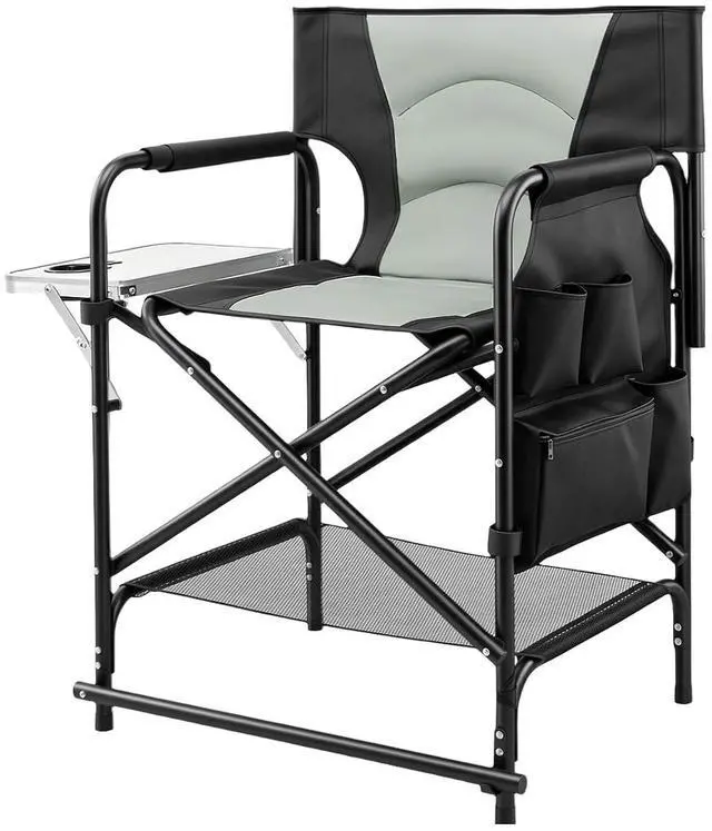 Main image of VINGLI 22" Director's Chair for Makeup Artist, Foldable Makeup Chair with Retractable Side Table & Footrest, Robust Iron Steel Frame, Supports 300 lbs, for Studio, Black & Gray