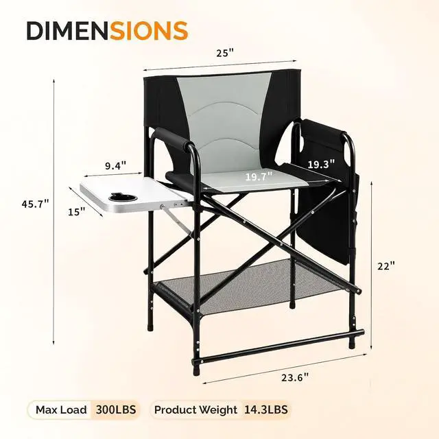 Alt view image 3 of 7 - VINGLI 22" Director's Chair for Makeup Artist, Foldable Makeup Chair with Retractable Side Table & Footrest, Robust Iron Steel Frame, Supports 300 lbs, for Studio, Black & Gray