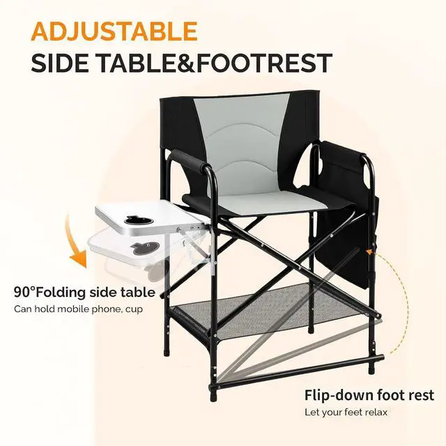 Alt view image 4 of 7 - VINGLI 22" Director's Chair for Makeup Artist, Foldable Makeup Chair with Retractable Side Table & Footrest, Robust Iron Steel Frame, Supports 300 lbs, for Studio, Black & Gray