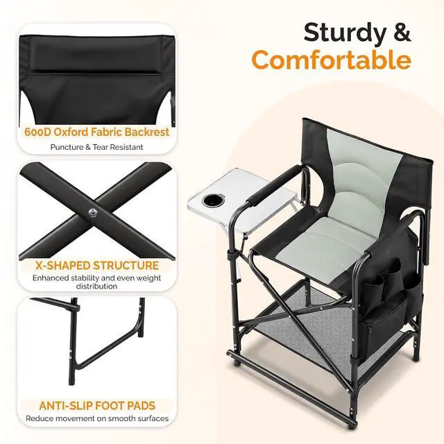Alt view image 6 of 7 - VINGLI 22" Director's Chair for Makeup Artist, Foldable Makeup Chair with Retractable Side Table & Footrest, Robust Iron Steel Frame, Supports 300 lbs, for Studio, Black & Gray