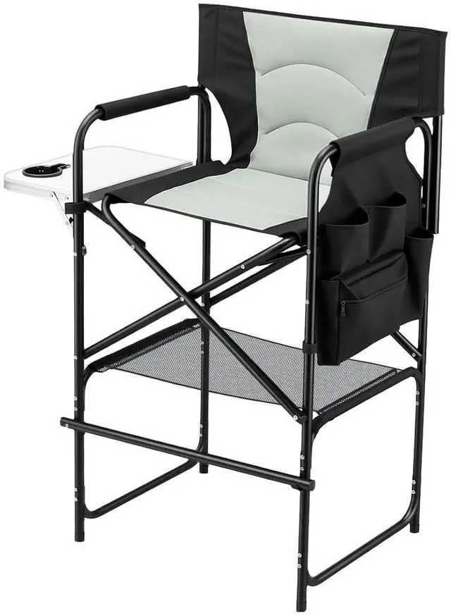 Main image of VINGLI 31" Tall Director's Chair for Makeup Artist, Foldable Makeup Chair with Retractable Side Table & Footrest, Robust Iron Steel Frame, Supports 300 lbs, for Studio, Black & Gray