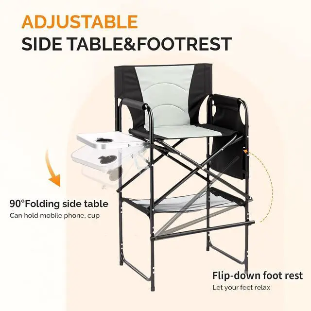 Alt view image 4 of 7 - VINGLI 31" Tall Director's Chair for Makeup Artist, Foldable Makeup Chair with Retractable Side Table & Footrest, Robust Iron Steel Frame, Supports 300 lbs, for Studio, Black & Gray