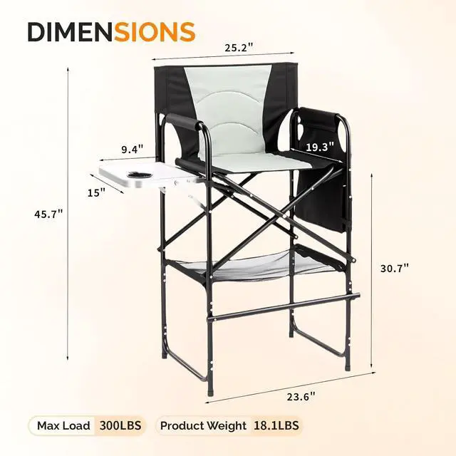 Alt view image 3 of 7 - VINGLI 31" Tall Director's Chair for Makeup Artist, Foldable Makeup Chair with Retractable Side Table & Footrest, Robust Iron Steel Frame, Supports 300 lbs, for Studio, Black & Gray