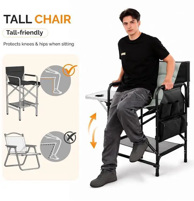 Alt view image 5 of 7 - VINGLI 31" Tall Director's Chair for Makeup Artist, Foldable Makeup Chair with Retractable Side Table & Footrest, Robust Iron Steel Frame, Supports 300 lbs, for Studio, Black & Gray