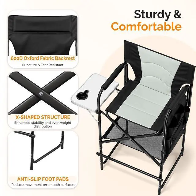 Alt view image 6 of 7 - VINGLI 31" Tall Director's Chair for Makeup Artist, Foldable Makeup Chair with Retractable Side Table & Footrest, Robust Iron Steel Frame, Supports 300 lbs, for Studio, Black & Gray
