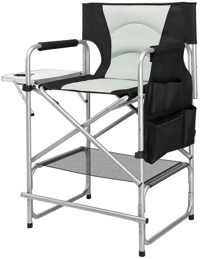 Main image of VINGLI 26" Director's Chair for Makeup Artist, Foldable Makeup Chair with Retractable Side Table & Footrest, Robust Iron Steel Frame, Supports 300 lbs, for Studio, Black & Gray