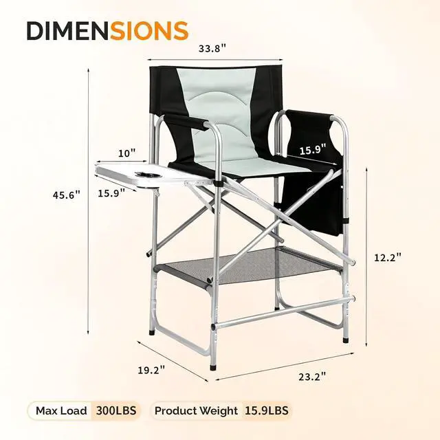 Alt view image 3 of 7 - VINGLI 26" Director's Chair for Makeup Artist, Foldable Makeup Chair with Retractable Side Table & Footrest, Robust Iron Steel Frame, Supports 300 lbs, for Studio, Black & Gray