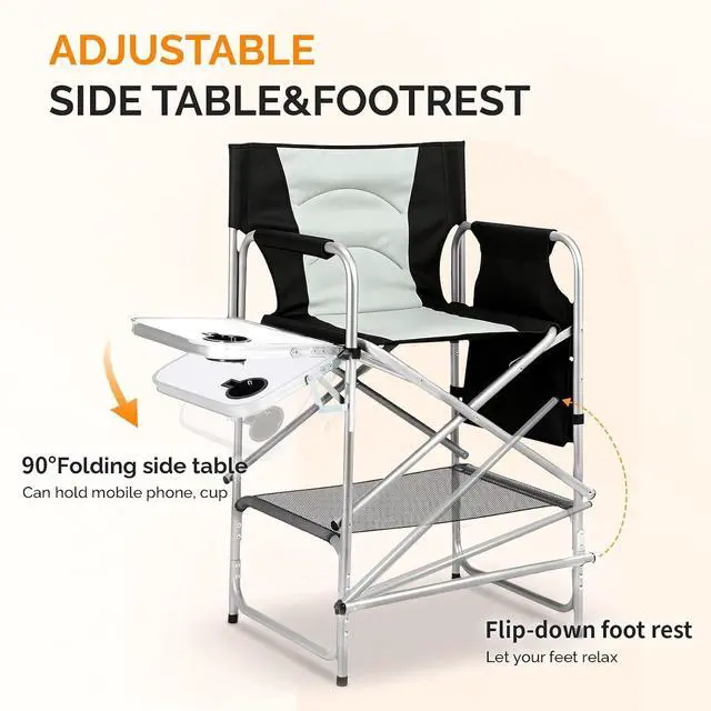 Alt view image 4 of 7 - VINGLI 26" Director's Chair for Makeup Artist, Foldable Makeup Chair with Retractable Side Table & Footrest, Robust Iron Steel Frame, Supports 300 lbs, for Studio, Black & Gray