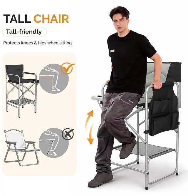 Alt view image 5 of 7 - VINGLI 26" Director's Chair for Makeup Artist, Foldable Makeup Chair with Retractable Side Table & Footrest, Robust Iron Steel Frame, Supports 300 lbs, for Studio, Black & Gray