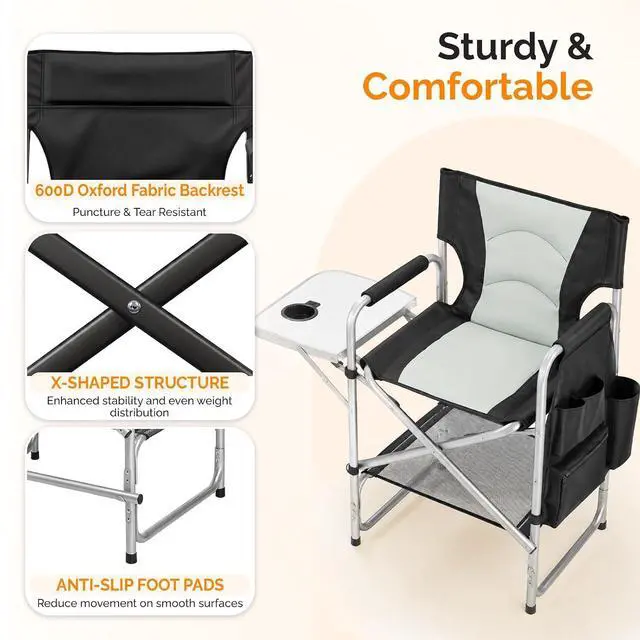 Alt view image 6 of 7 - VINGLI 26" Director's Chair for Makeup Artist, Foldable Makeup Chair with Retractable Side Table & Footrest, Robust Iron Steel Frame, Supports 300 lbs, for Studio, Black & Gray