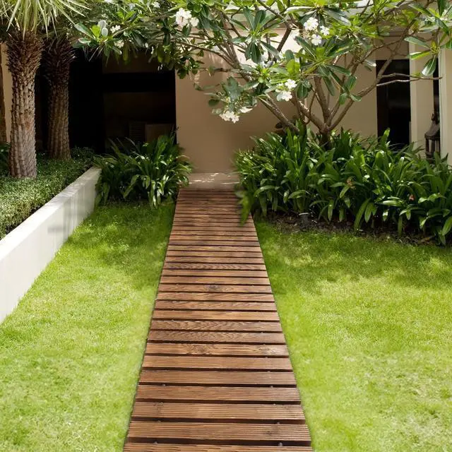 Alt view image 2 of 7 - VINGLI Oversized 22IN W 8FT L Wooden Garden Pathway for Outdoors, Roll Out Garden Pathway Walkway Flooring W/Steel Wire, Anti-Slip Texture, Ground Stakes, Outside Walkway for Patio, Wedding, Poolside