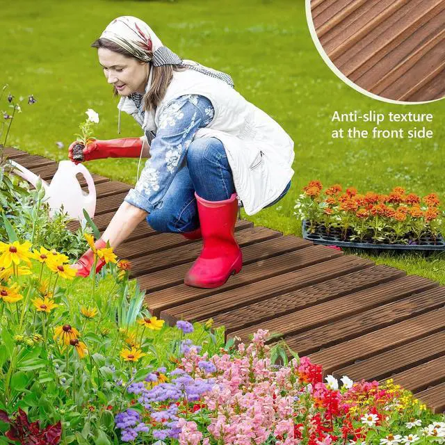 Alt view image 4 of 7 - VINGLI Oversized 22IN W 8FT L Wooden Garden Pathway for Outdoors, Roll Out Garden Pathway Walkway Flooring W/Steel Wire, Anti-Slip Texture, Ground Stakes, Outside Walkway for Patio, Wedding, Poolside