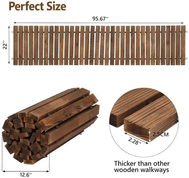 Alt view image 7 of 7 - VINGLI Oversized 22IN W 8FT L Wooden Garden Pathway for Outdoors, Roll Out Garden Pathway Walkway Flooring W/Steel Wire, Anti-Slip Texture, Ground Stakes, Outside Walkway for Patio, Wedding, Poolside