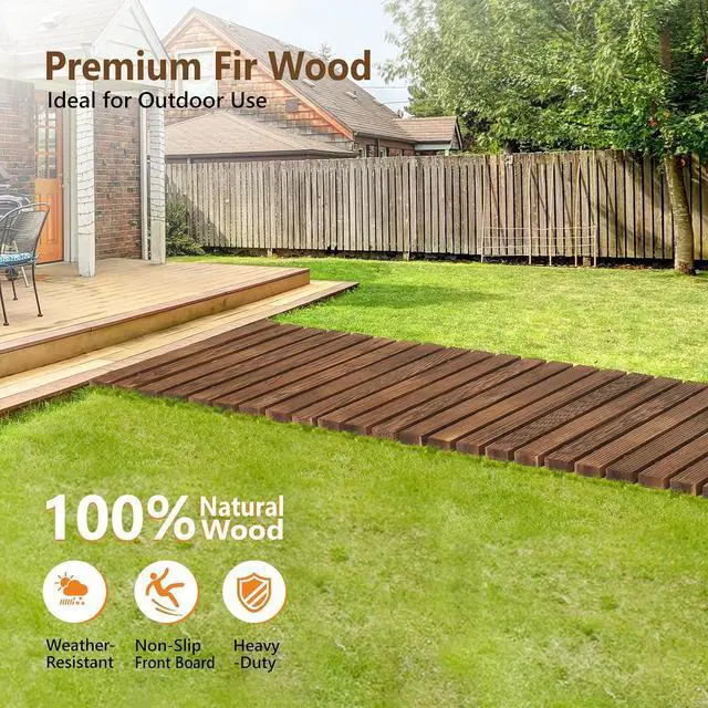 Alt view image 6 of 7 - VINGLI Oversized 22IN W 8FT L Wooden Garden Pathway for Outdoors, Roll Out Garden Pathway Walkway Flooring W/Steel Wire, Anti-Slip Texture, Ground Stakes, Outside Walkway for Patio, Wedding, Poolside