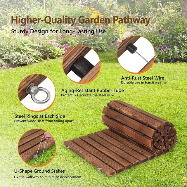 Alt view image 3 of 7 - VINGLI Oversized 22IN W 8FT L Wooden Garden Pathway for Outdoors, Roll Out Garden Pathway Walkway Flooring W/Steel Wire, Anti-Slip Texture, Ground Stakes, Outside Walkway for Patio, Wedding, Poolside