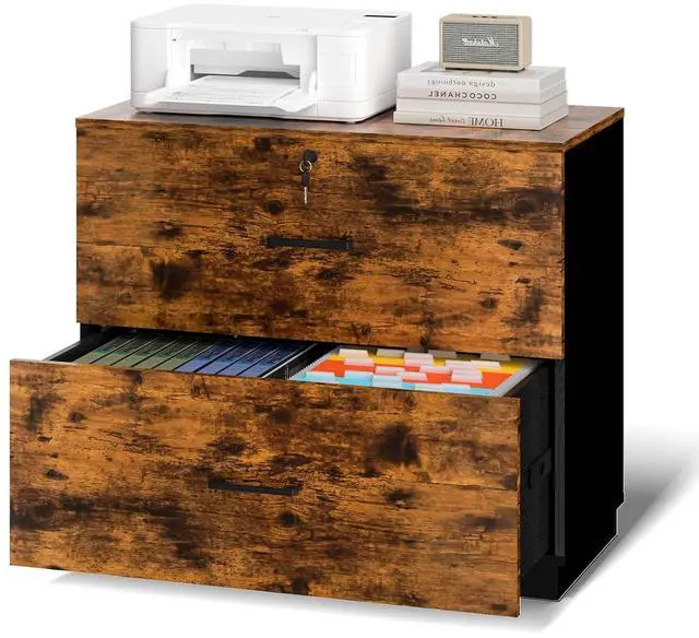 Main image of VINGLI 2 - Drawer Lateral File Cabinet with Lock, Lockable Wood Filing cabinets for Home Office, Wooden Printer Stand with 2 Drawers for Letter Legal A4 Size File Folder Storage, Rustic Brown & Black