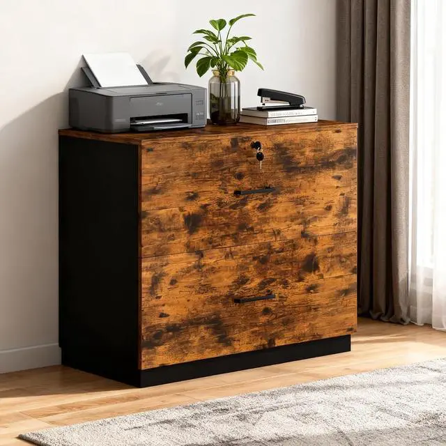 Alt view image 2 of 7 - VINGLI 2 - Drawer Lateral File Cabinet with Lock, Lockable Wood Filing cabinets for Home Office, Wooden Printer Stand with 2 Drawers for Letter Legal A4 Size File Folder Storage, Rustic Brown & Black
