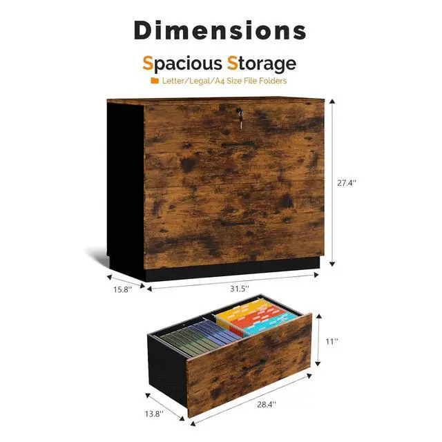 Alt view image 3 of 7 - VINGLI 2 - Drawer Lateral File Cabinet with Lock, Lockable Wood Filing cabinets for Home Office, Wooden Printer Stand with 2 Drawers for Letter Legal A4 Size File Folder Storage, Rustic Brown & Black