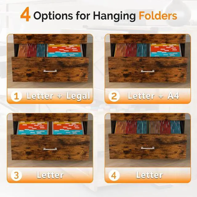 Alt view image 6 of 7 - VINGLI 2 - Drawer Lateral File Cabinet with Lock, Lockable Wood Filing cabinets for Home Office, Wooden Printer Stand with 2 Drawers for Letter Legal A4 Size File Folder Storage, Rustic Brown & Black