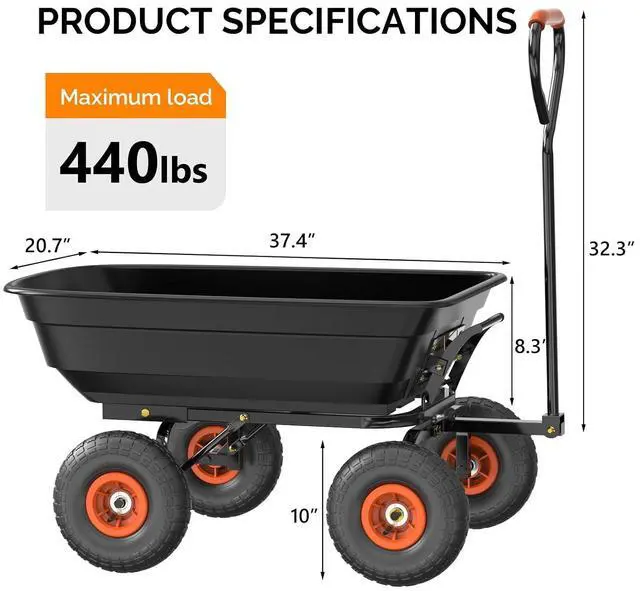 Alt view image 2 of 7 - VINGLI Dump Cart Wagon, 440LBS Quick-Release Dump Wheelbarrow, All-Terrain 10" Tires Garden Wagon for Yard, Lawn and Outdoor Use (Black)