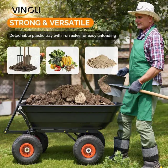 Alt view image 3 of 7 - VINGLI Dump Cart Wagon, 440LBS Quick-Release Dump Wheelbarrow, All-Terrain 10" Tires Garden Wagon for Yard, Lawn and Outdoor Use (Black)
