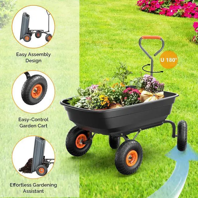 Alt view image 4 of 7 - VINGLI Dump Cart Wagon, 440LBS Quick-Release Dump Wheelbarrow, All-Terrain 10" Tires Garden Wagon for Yard, Lawn and Outdoor Use (Black)