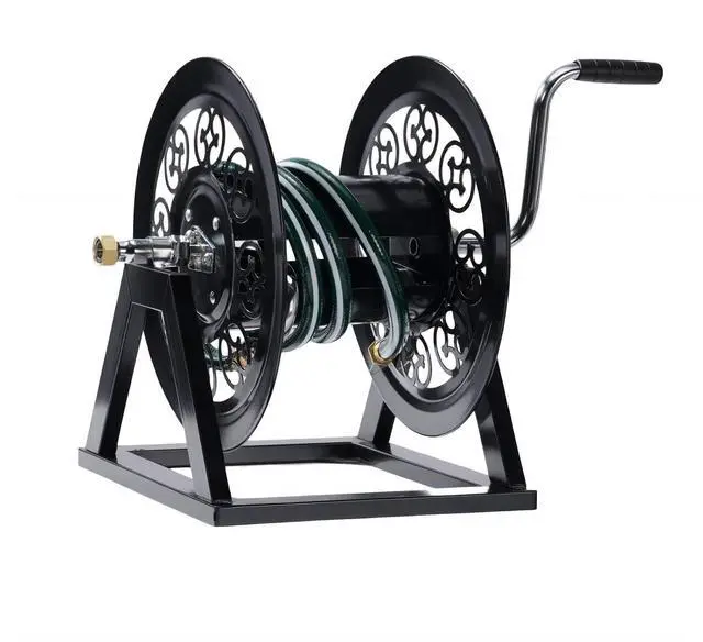 Main image of VINGLI Decorative Hose Reel, Wall Mount Water Hose Reel for Garden Outside with Heavy Duty Portable Rolling Design Metal, 108FT Capacity for 3/4" Hose for Outdoor Use (Black)