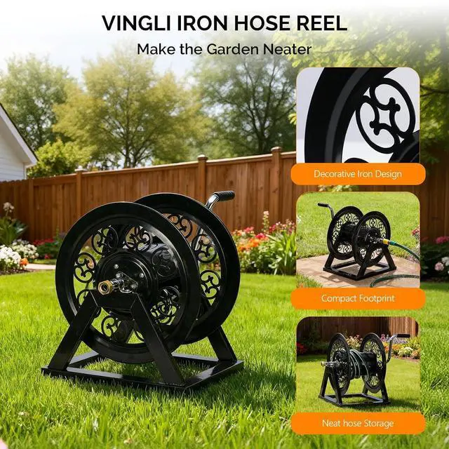 Alt view image 2 of 7 - VINGLI Decorative Hose Reel, Wall Mount Water Hose Reel for Garden Outside with Heavy Duty Portable Rolling Design Metal, 108FT Capacity for 3/4" Hose for Outdoor Use (Black)