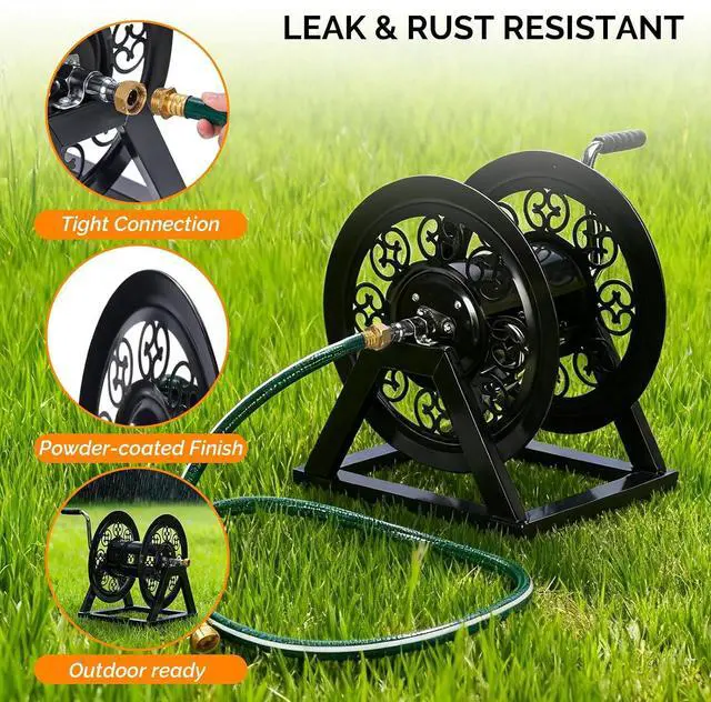 Alt view image 3 of 7 - VINGLI Decorative Hose Reel, Wall Mount Water Hose Reel for Garden Outside with Heavy Duty Portable Rolling Design Metal, 108FT Capacity for 3/4" Hose for Outdoor Use (Black)