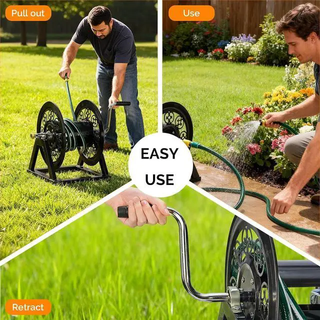 Alt view image 4 of 7 - VINGLI Decorative Hose Reel, Wall Mount Water Hose Reel for Garden Outside with Heavy Duty Portable Rolling Design Metal, 108FT Capacity for 3/4" Hose for Outdoor Use (Black)