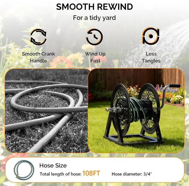 Alt view image 5 of 7 - VINGLI Decorative Hose Reel, Wall Mount Water Hose Reel for Garden Outside with Heavy Duty Portable Rolling Design Metal, 108FT Capacity for 3/4" Hose for Outdoor Use (Black)