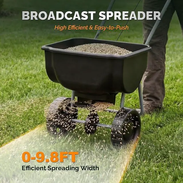 Alt view image 2 of 7 - VINGLI 70lbs Fertilizer Spreader with 15 Adjustable Drop Rate, Pre-Assembled Walk-Behind Seed Spreader, with 9" Tire for Multi-Terrain, Broadcast Spreader for Lawn Care & Seed Spreading