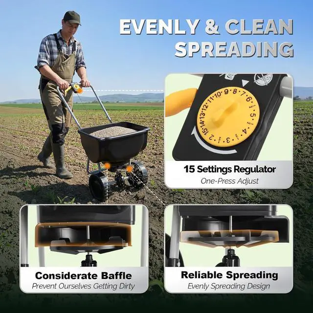 Alt view image 4 of 7 - VINGLI 70lbs Fertilizer Spreader with 15 Adjustable Drop Rate, Pre-Assembled Walk-Behind Seed Spreader, with 9" Tire for Multi-Terrain, Broadcast Spreader for Lawn Care & Seed Spreading