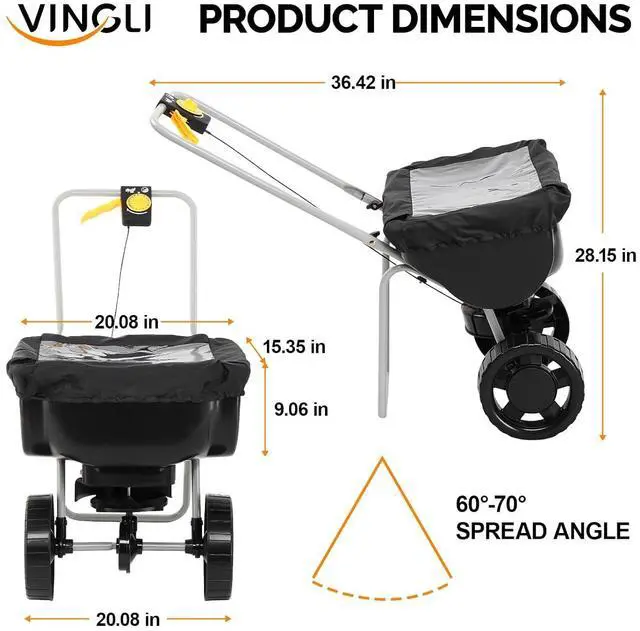 Alt view image 7 of 7 - VINGLI 70lbs Fertilizer Spreader with 15 Adjustable Drop Rate, Pre-Assembled Walk-Behind Seed Spreader, with 9" Tire for Multi-Terrain, Broadcast Spreader for Lawn Care & Seed Spreading