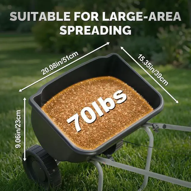 Alt view image 6 of 7 - VINGLI 70lbs Fertilizer Spreader with 15 Adjustable Drop Rate, Pre-Assembled Walk-Behind Seed Spreader, with 9" Tire for Multi-Terrain, Broadcast Spreader for Lawn Care & Seed Spreading