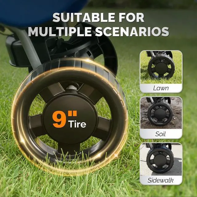 Alt view image 4 of 7 - VINGLI 70lbs Fertilizer Spreader with 15 Adjustable Drop Rate, Pre-Assembled Walk-Behind Seed Spreader, with 9" Tire for Multi-Terrain, Broadcast Spreader for Lawn Care & Seed Spreading (Blue)
