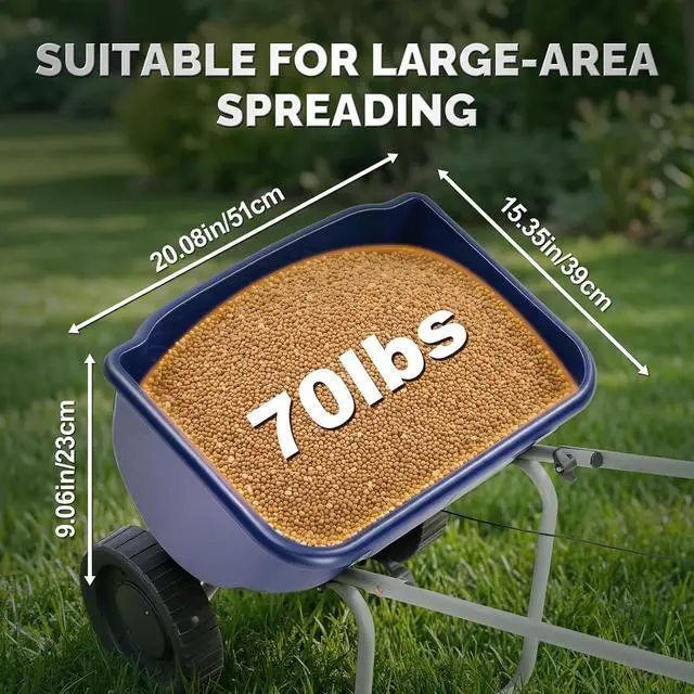 Alt view image 2 of 7 - VINGLI 70lbs Fertilizer Spreader with 15 Adjustable Drop Rate, Pre-Assembled Walk-Behind Seed Spreader, with 9" Tire for Multi-Terrain, Broadcast Spreader for Lawn Care & Seed Spreading (Blue)
