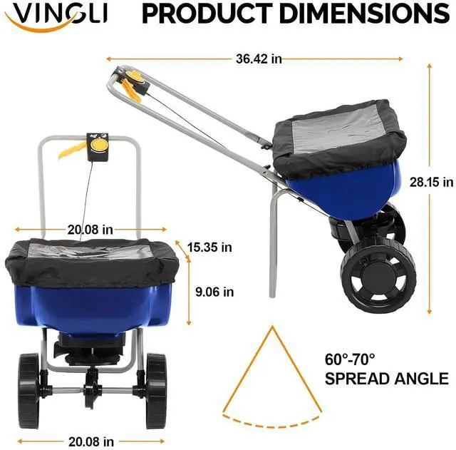 Alt view image 7 of 7 - VINGLI 70lbs Fertilizer Spreader with 15 Adjustable Drop Rate, Pre-Assembled Walk-Behind Seed Spreader, with 9" Tire for Multi-Terrain, Broadcast Spreader for Lawn Care & Seed Spreading (Blue)
