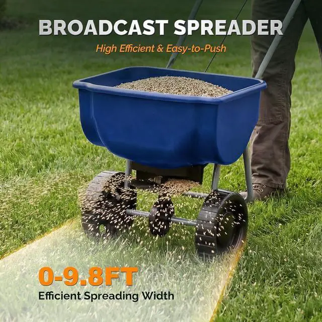 Alt view image 3 of 7 - VINGLI 70lbs Fertilizer Spreader with 15 Adjustable Drop Rate, Pre-Assembled Walk-Behind Seed Spreader, with 9" Tire for Multi-Terrain, Broadcast Spreader for Lawn Care & Seed Spreading (Blue)