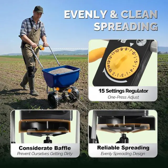 Alt view image 5 of 7 - VINGLI 70lbs Fertilizer Spreader with 15 Adjustable Drop Rate, Pre-Assembled Walk-Behind Seed Spreader, with 9" Tire for Multi-Terrain, Broadcast Spreader for Lawn Care & Seed Spreading (Blue)