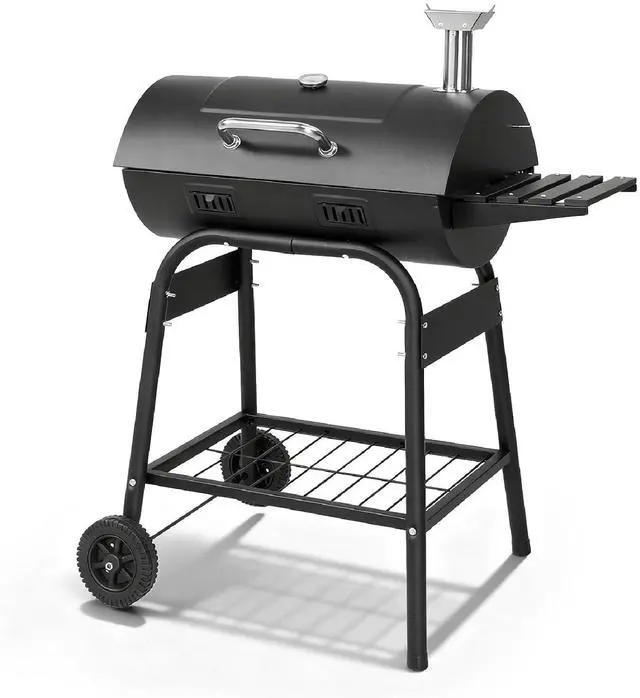 Main image of VINGLI Upgraded Barrel Charcoal Grill with 2 Sides Table, BBQ Grill Outdoor Smoker with Wheels for Party Garden Patio and Backyard Cooking 39''D × 24''W × 46''H (Upgraded Grill w/Side Table)