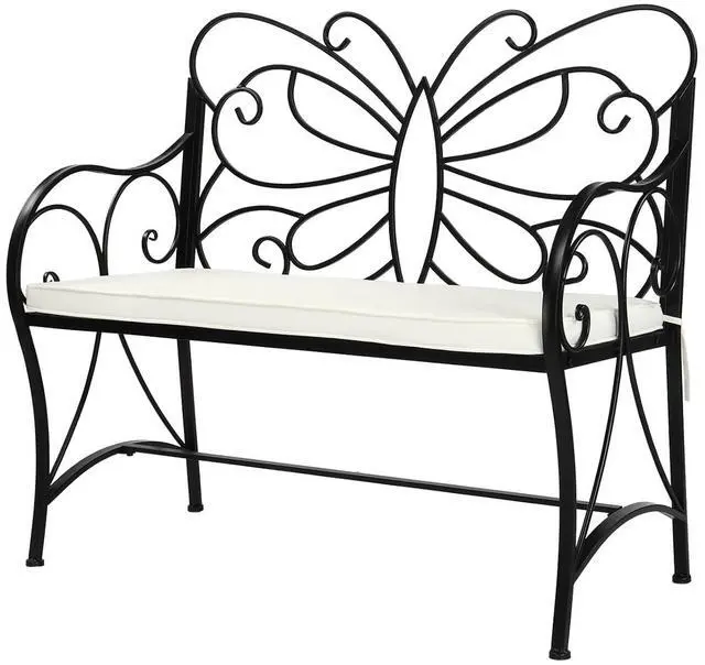 Main image of VINGLI 38.7in Cast Iron Outdoor Bench with Cushion, All Weather Resistant Metal Bench with Curved Armrests and Butterfly Pattern Backrest, 1-2 Person Patio Bench for Garden Porch Park Yard (Black
