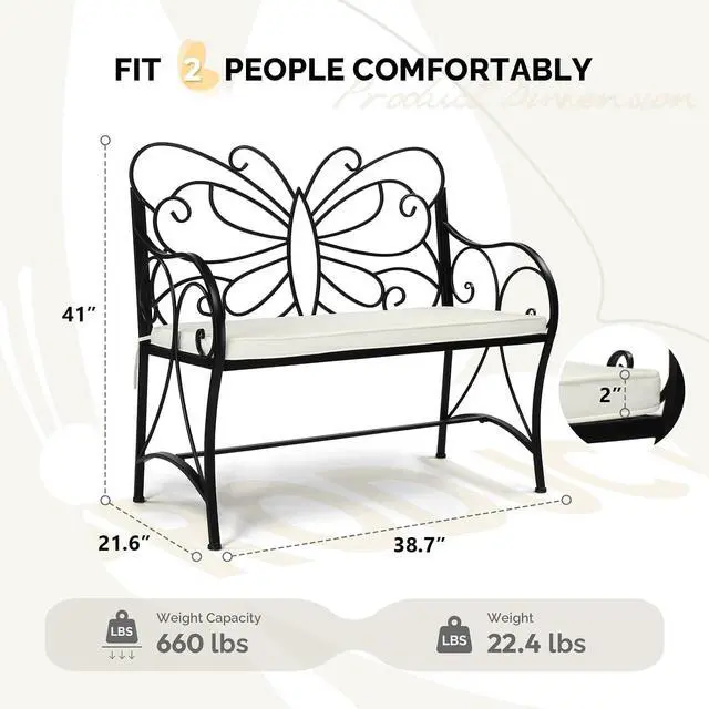 Alt view image 3 of 7 - VINGLI 38.7in Cast Iron Outdoor Bench with Cushion, All Weather Resistant Metal Bench with Curved Armrests and Butterfly Pattern Backrest, 1-2 Person Patio Bench for Garden Porch Park Yard (Black