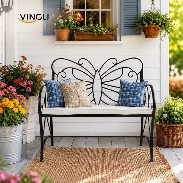Alt view image 2 of 7 - VINGLI 38.7in Cast Iron Outdoor Bench with Cushion, All Weather Resistant Metal Bench with Curved Armrests and Butterfly Pattern Backrest, 1-2 Person Patio Bench for Garden Porch Park Yard (Black
